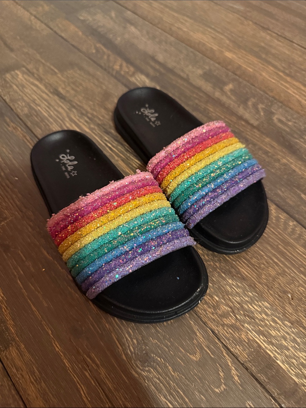 3 for $15 - Lola + The Boys Rainbow Glitter Slide Sandals - Black